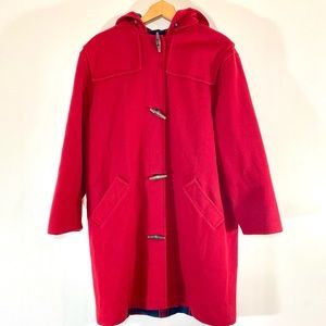 VIntage 80s LL Bean Red Wool Plaid Lined Duffle Coat Overcoat